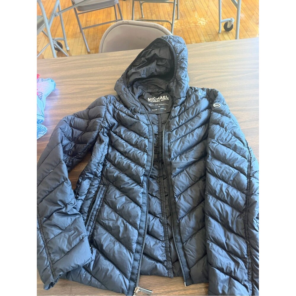 Michael Kors Black Puffer Jacket with Gold Logo Medallion